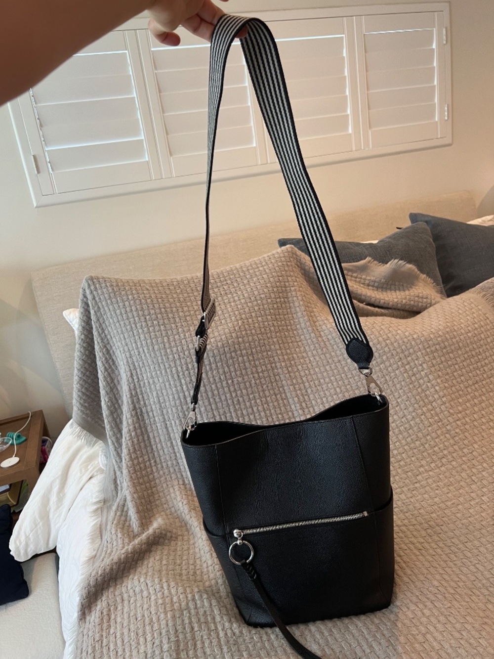 Rebecca Minkoff Black Leather Shoulder Bag with Striped Strap - Picture 4 of 12